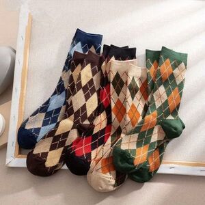 5 Pairs Women's Socks Colorful Argyle Fashion Mid-Calf Socks NEW OSFM
